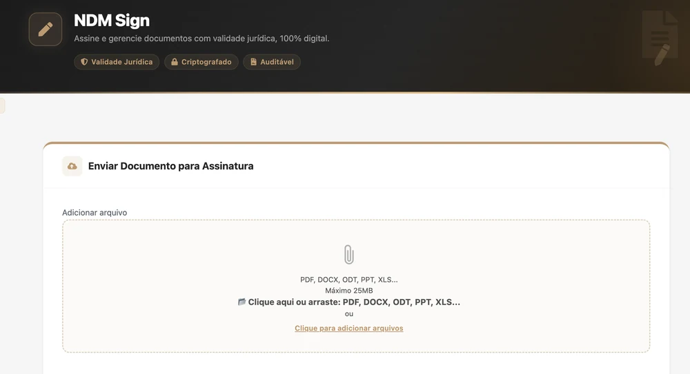 Tela do NDM Sign: envio de documento para assinatura eletrônica com validade jurídica