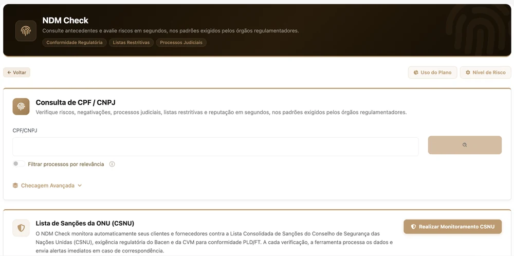 Tela do NDM Check: consulta de CPF/CNPJ, listas restritivas e processos judiciais
